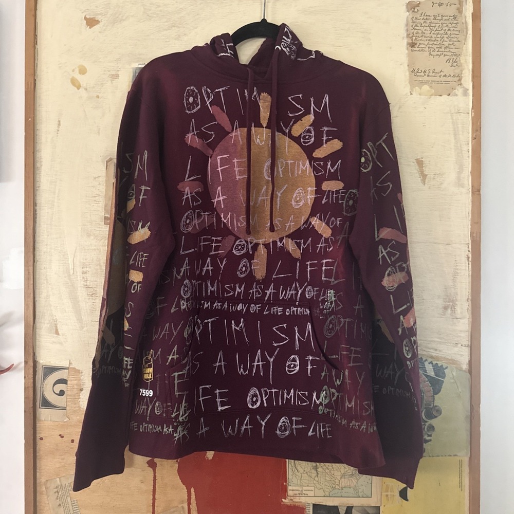 Snow Milk "Optimism" Bergundy Hoodie Mens 2XL - Upcycled 1 of A Kind #7599